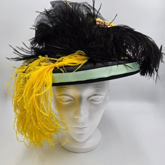 Vintage Hat With Feathers And Flowers Black Yellow Costume Halloween Fancy Read - Picture 1 of 11